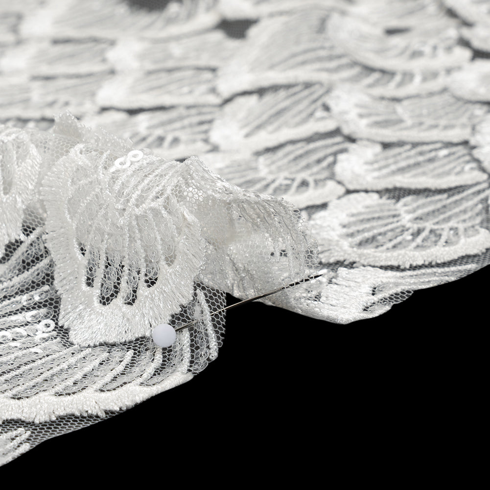 Embroidered Lace with Clear Baby Sequins - Ivory Fringed Petal-Like Scales