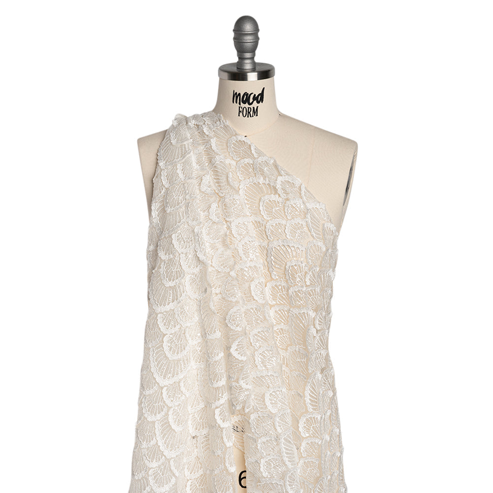 Embroidered Lace with Clear Baby Sequins - Ivory Fringed Petal-Like Scales