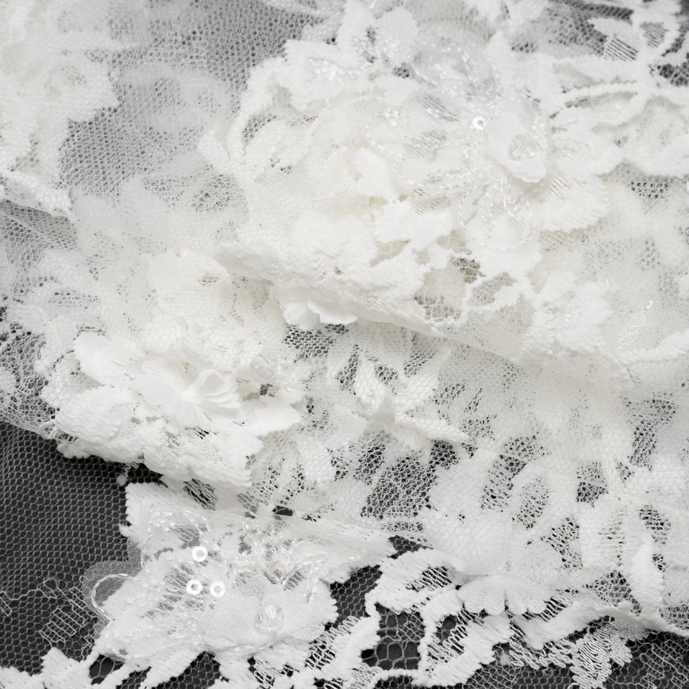 3D Fabric Flowers Embroidered Lace with Sequins and Finished Edges - Off White Floral