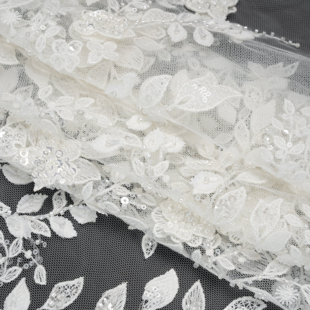 Embroidered 3D Lace with Beads and Sequins - White Floral Vines