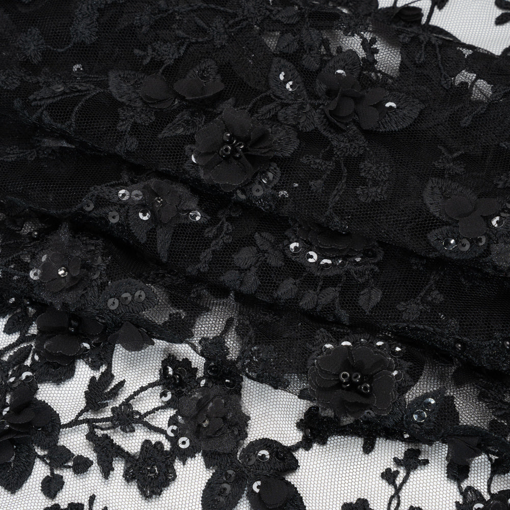 Embroidered 3D Lace with Beads and Sequins - Black Rose Bushes
