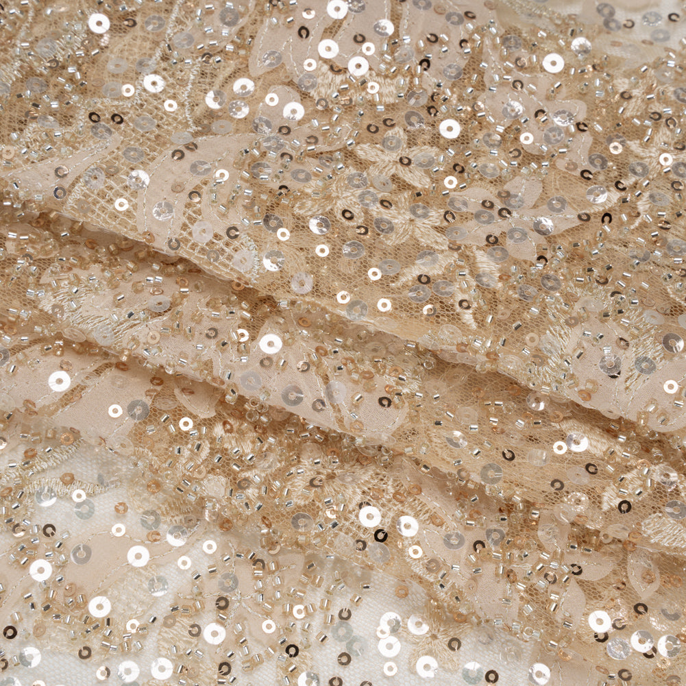 Embroidered and Applique Lace with Gold and Silver Beads and Sequins - Beige Floral Confetti