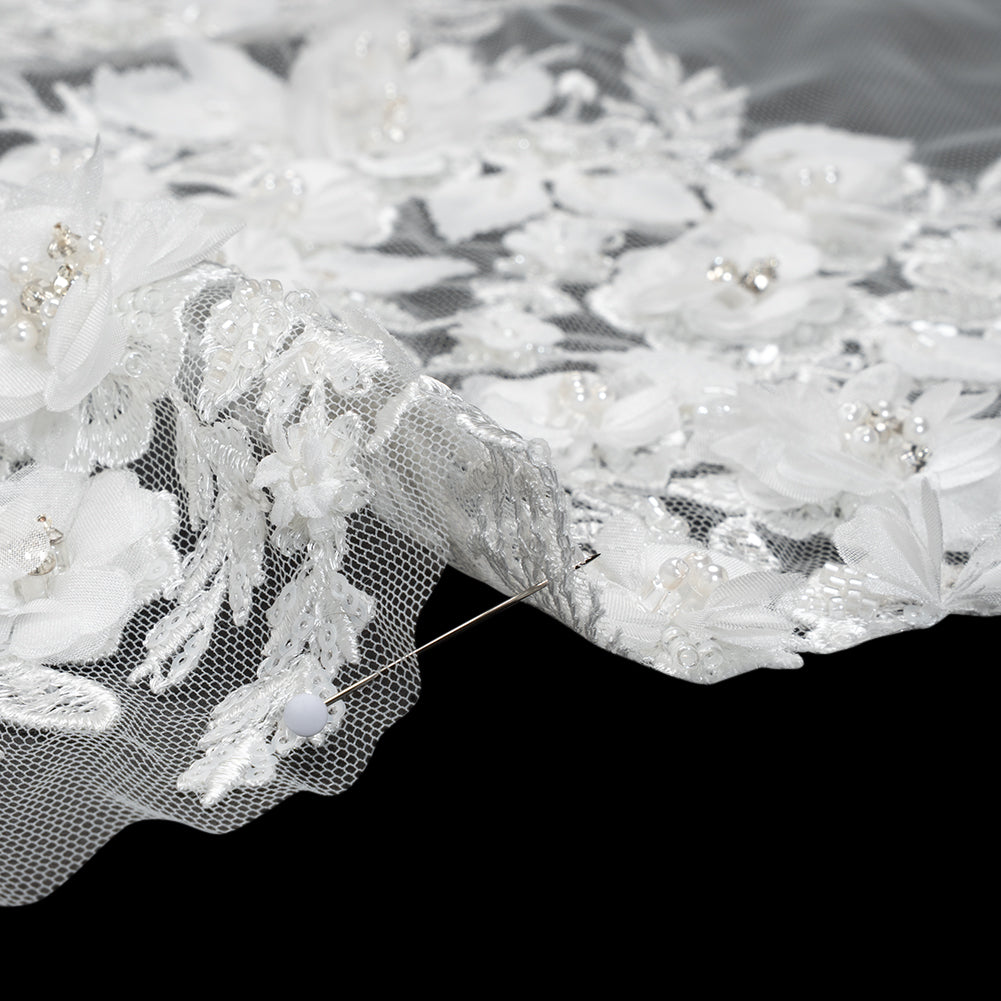 Beaded Embroidered Lace with 3D Fabric Flowers - White Flower Bunches with Pearls