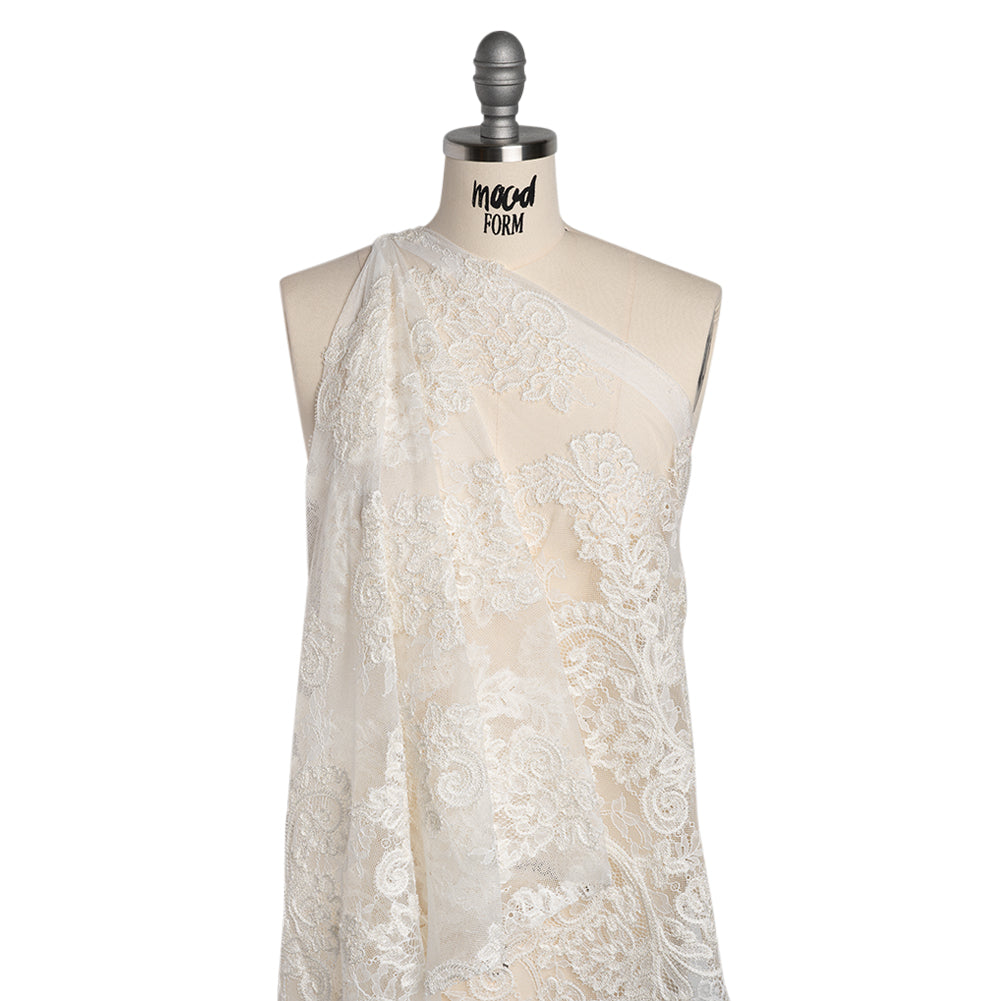 Picot Braid Embroidered Chantilly Lace with Finished Edges - White and Ivory Floral Swirls