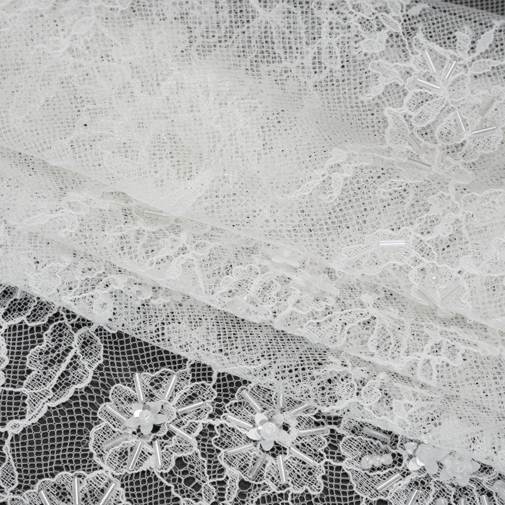 Beaded and Sequins Chantilly Lace with Finished Edges - White Flowers and Leaves