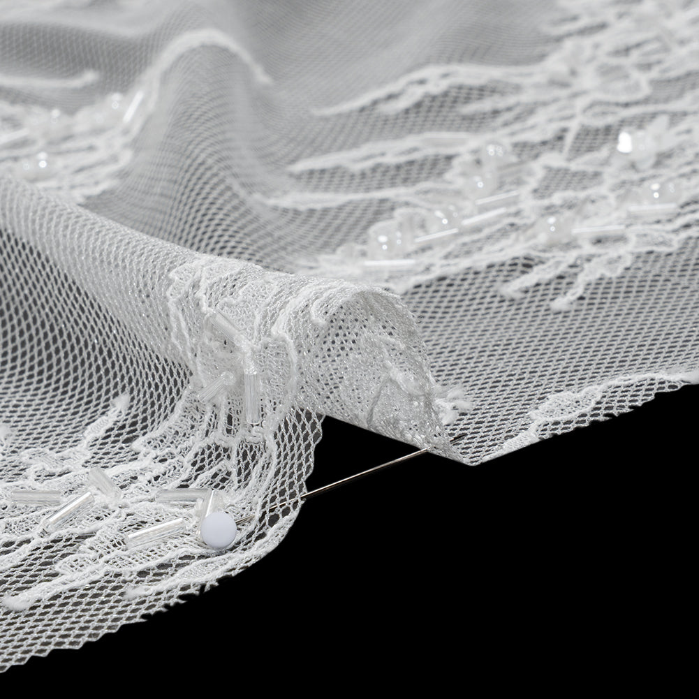 Beaded and Sequins Chantilly Lace with Finished Edges - White Flowers and Leaves
