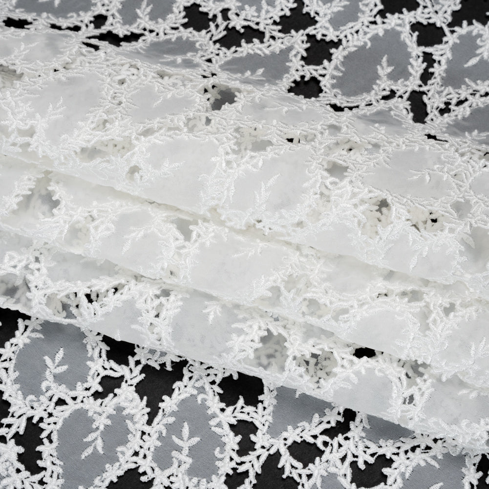Burnout Embroidered Lace with Finished Edges - White Leafy Lines