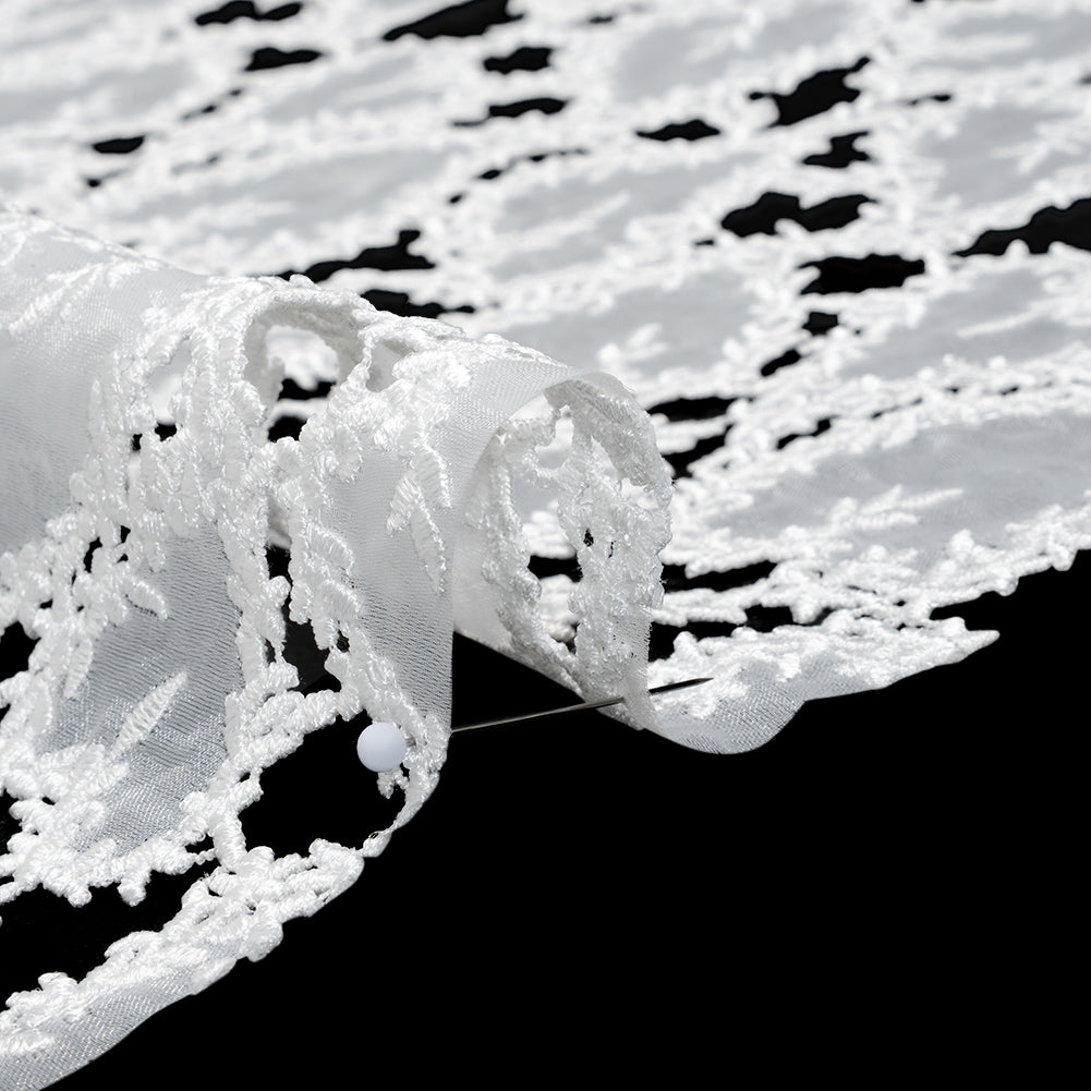 Burnout Embroidered Lace with Finished Edges - White Leafy Lines