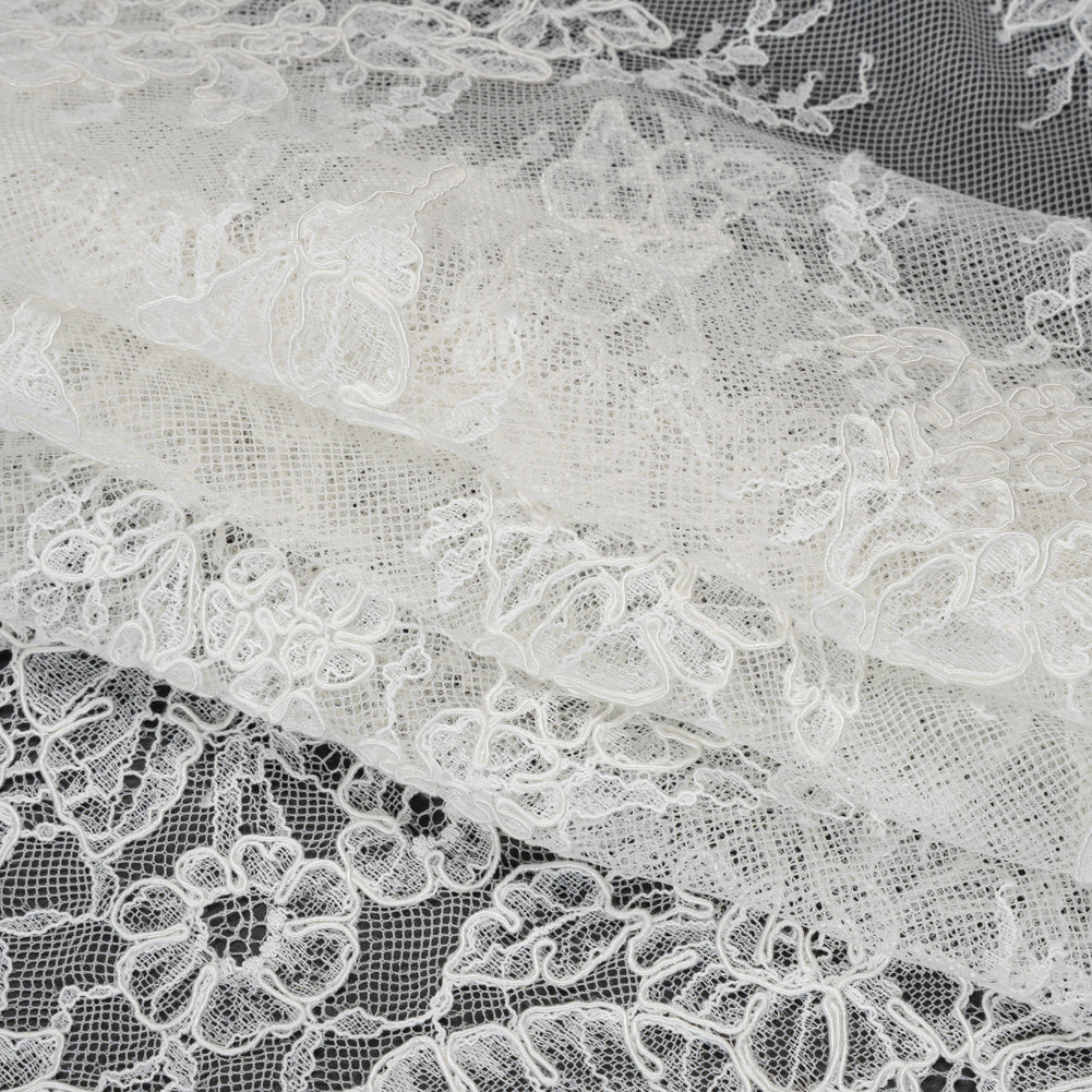 Corded Chantilly Lace with Finished Edges - Ivory Tropical Leaves and Flowers