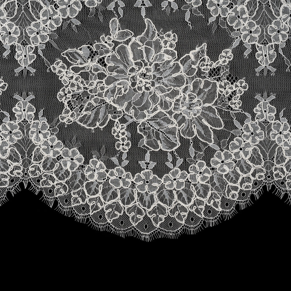 Corded Chantilly Lace with Scalloped Eyelash Edges - 12" - Ivory and White Floral Rings