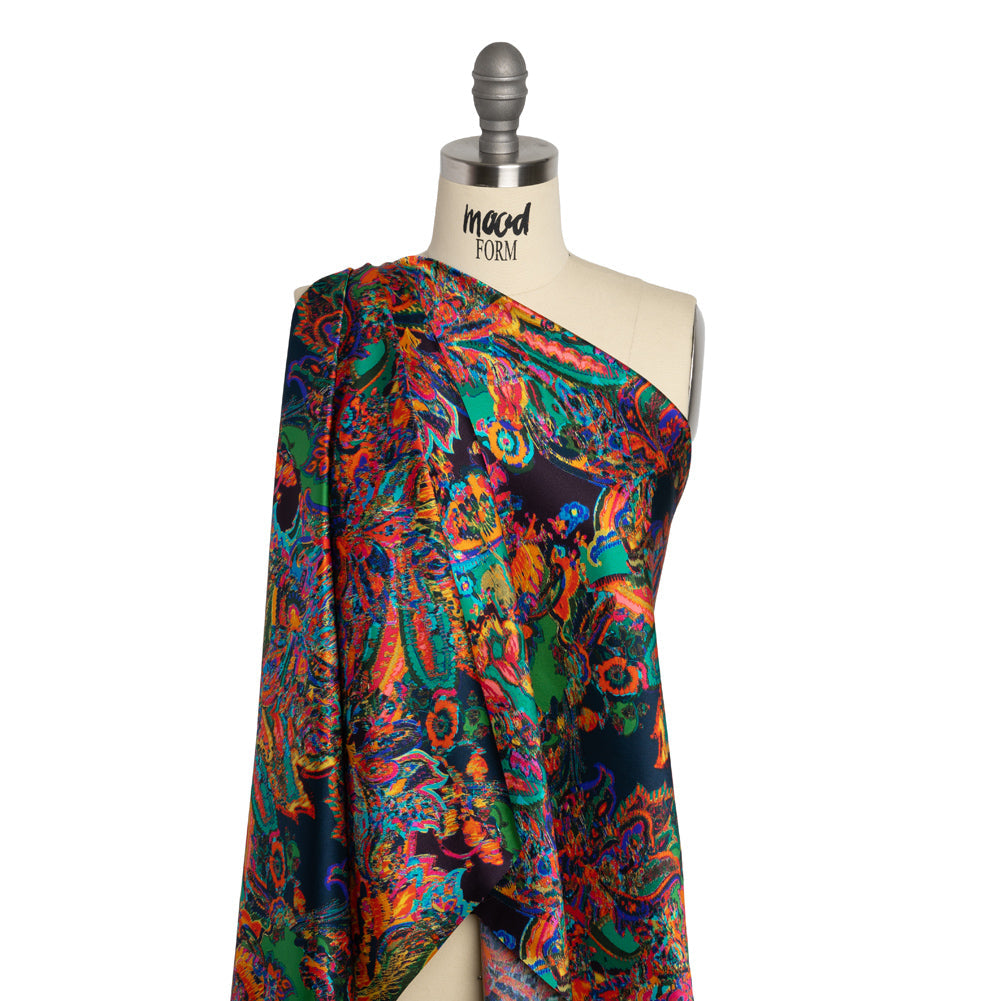 Silk Charmeuse Print - Green, Blue and Orange Sketched Jacobean Floral