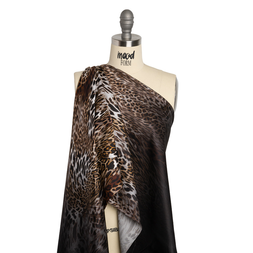 Silk Charmeuse Print - Black, Brown and White Leopard Spots Ombre
