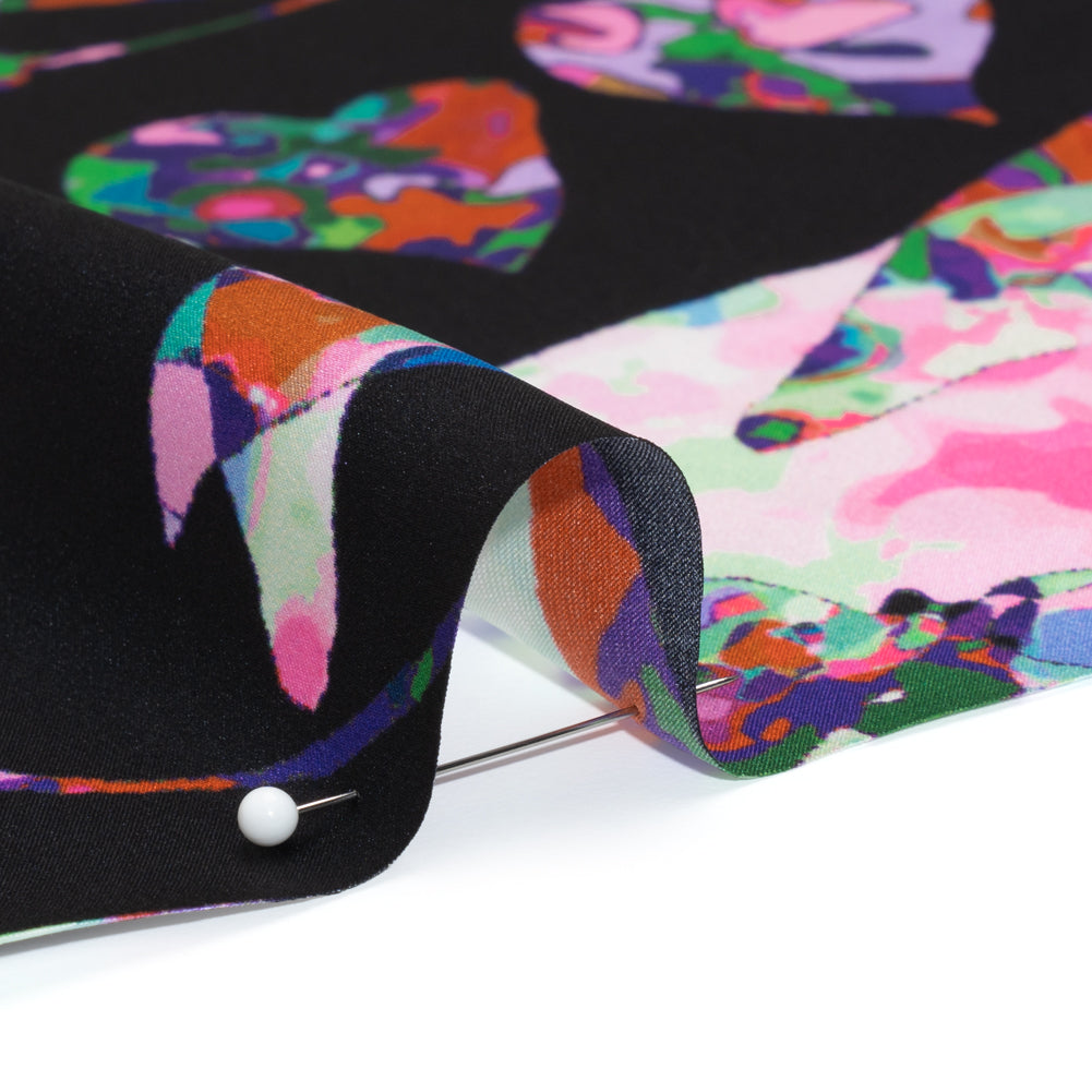 Silk Charmeuse Print - Black, Pink and Green Splatter Painted Florals