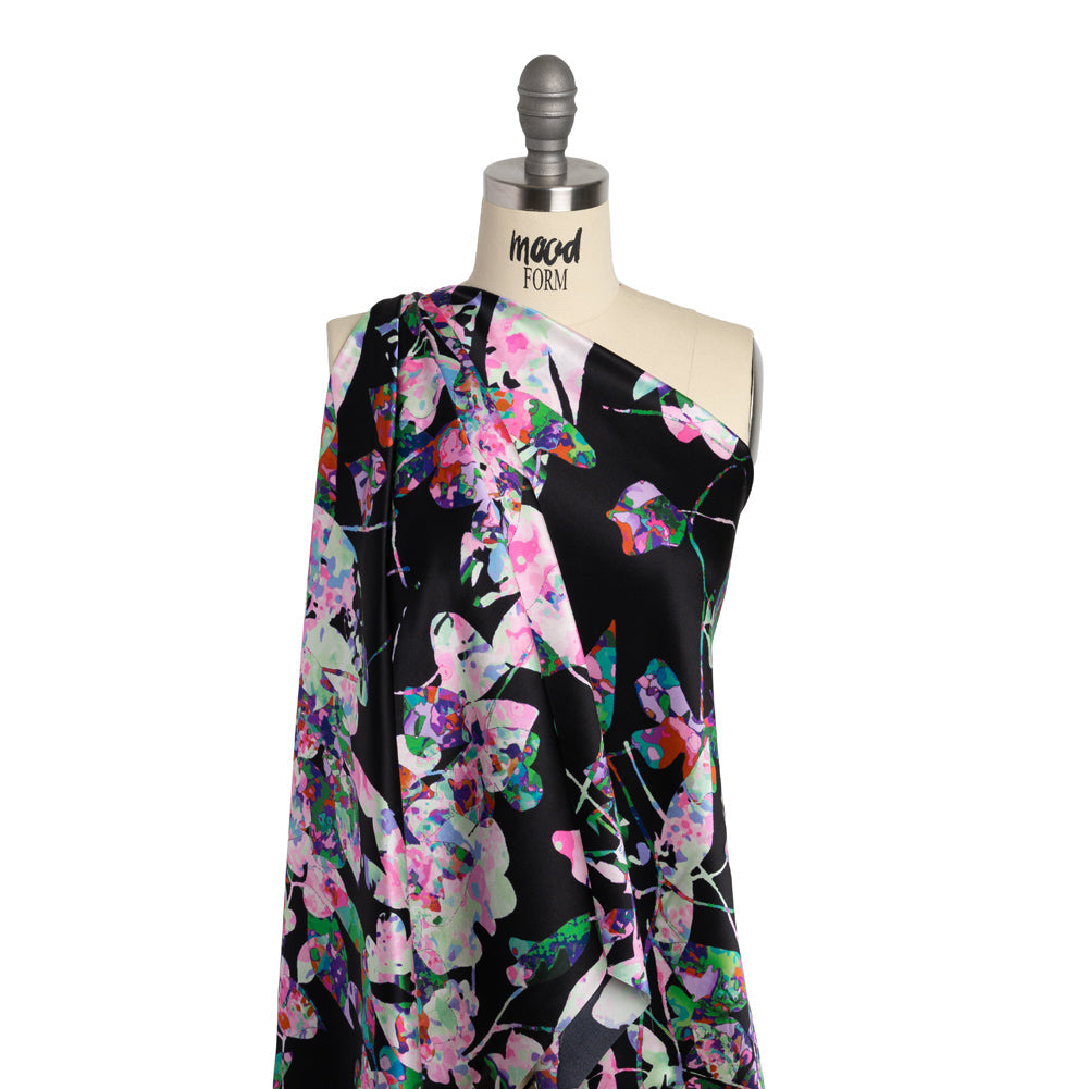 Silk Charmeuse Print - Black, Pink and Green Splatter Painted Florals