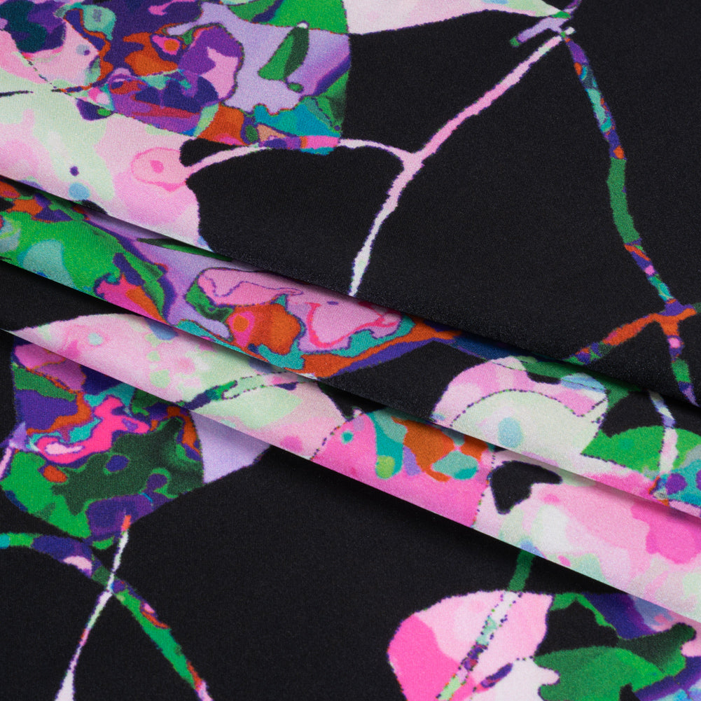 Silk Charmeuse Print - Black, Pink and Green Splatter Painted Florals