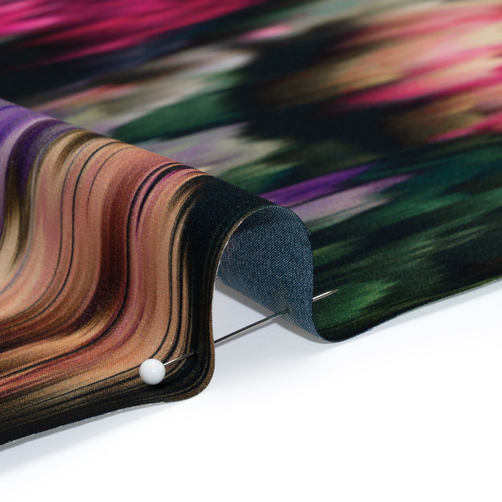 Silk Charmeuse Print - Black, Pink and Green Abstract Ikat
