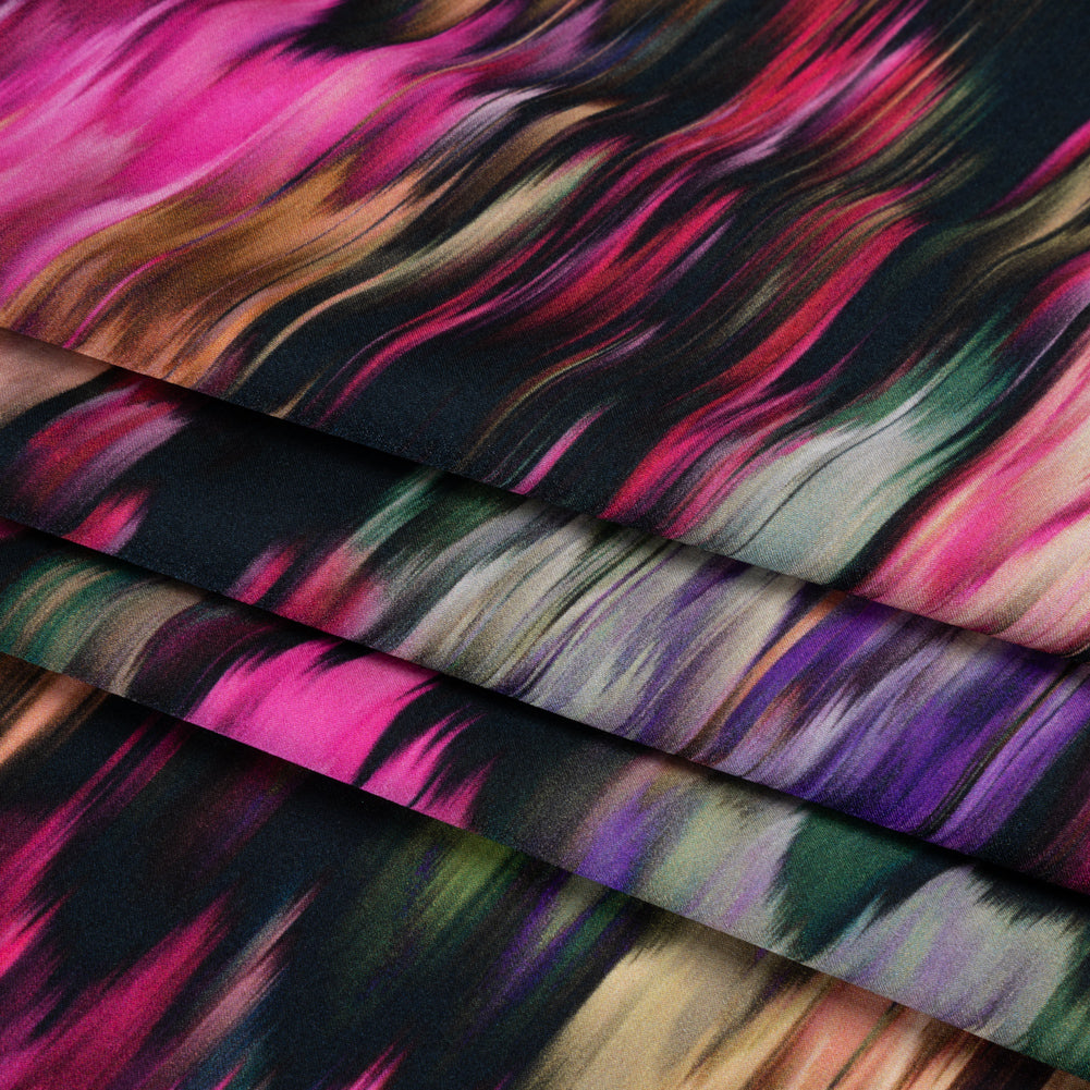 Silk Charmeuse Print - Black, Pink and Green Abstract Ikat