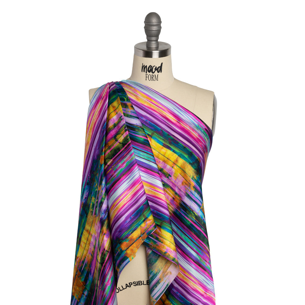Silk Charmeuse Print - Yellow, Purple and Pink Abstract Painted Stripes