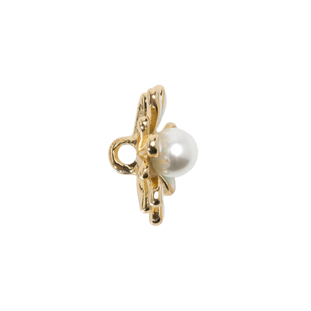Enameled Metal and Pearl Shank Back Button - 30L/19mm - Green, Pearl White, and Gold Flower