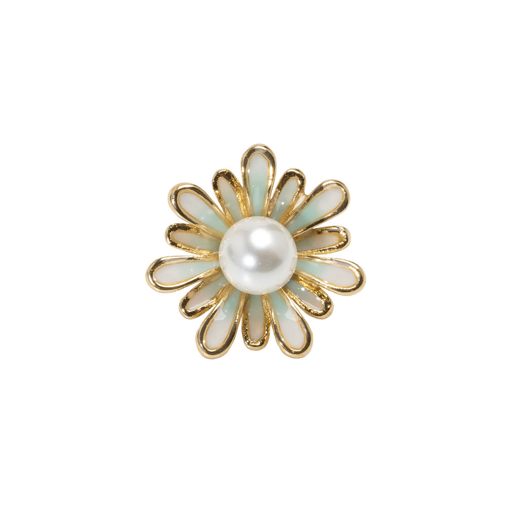 Enameled Metal and Pearl Shank Back Button - 30L/19mm - Green, Pearl White, and Gold Flower