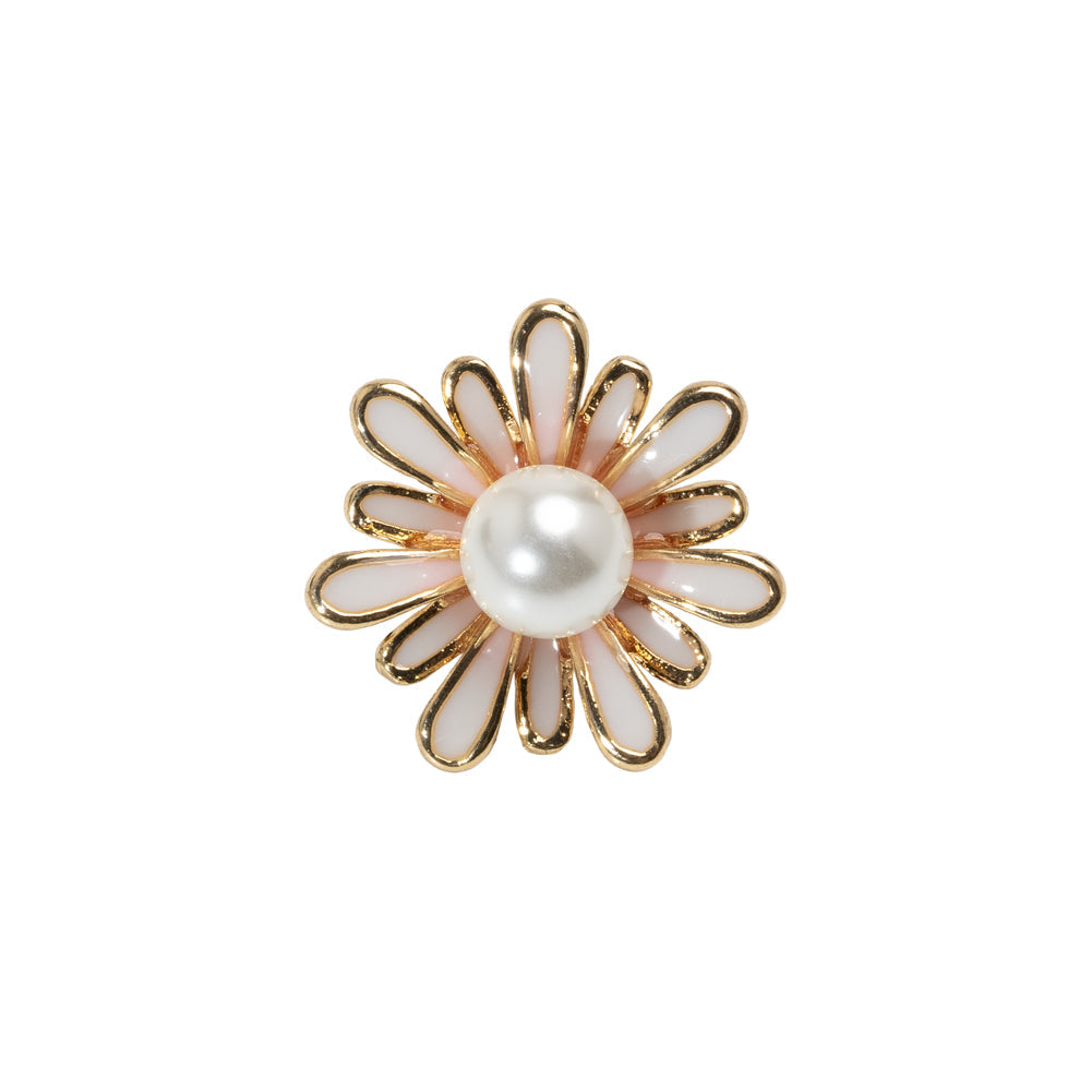 Enameled Metal and Pearl Shank Back Button - 30L/19mm - Pink, Pearl White, and Gold Flower