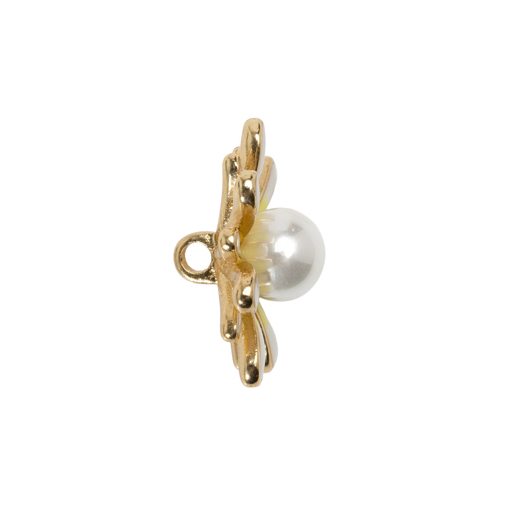Enameled Metal and Pearl Shank Back Button - 36L/23mm - Yellow, Pearl White, and Gold Flower