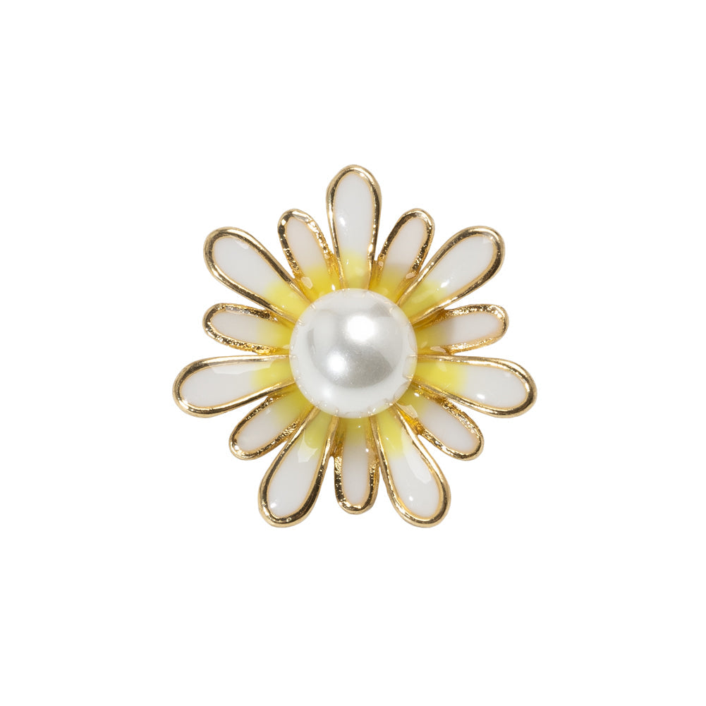 Enameled Metal and Pearl Shank Back Button - 36L/23mm - Yellow, Pearl White, and Gold Flower
