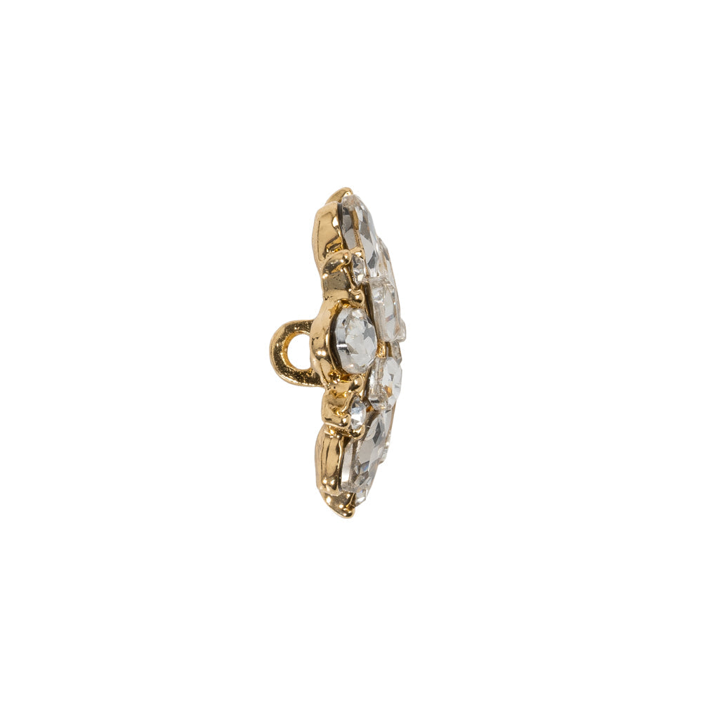 Rhinestone and Metal Shank Back Button - 32L/20mm - Crystal and Gold Little Open Flower