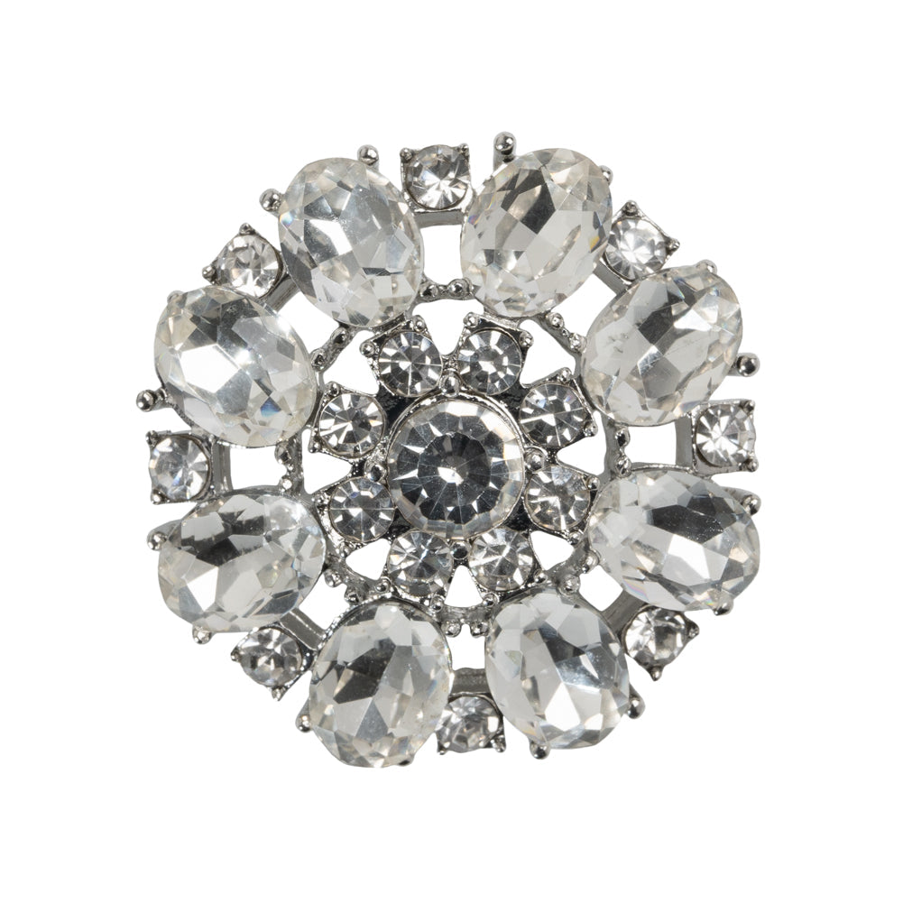 Rhinestone and Metal Shank Back Button - 44L/28mm - Crystal and Nickel-Free Silver Open Flower