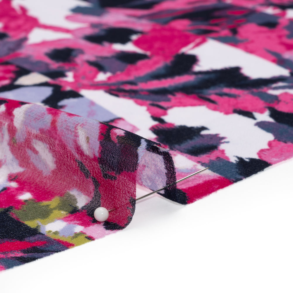 Polyester Georgette Print - Pink, Navy and Olive Green Floral Stripes - Designer Deadstock