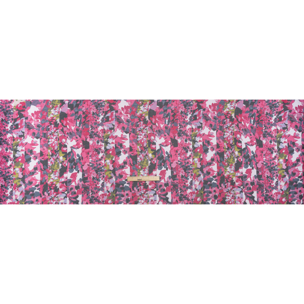 Polyester Georgette Print - Pink, Navy and Olive Green Floral Stripes - Designer Deadstock