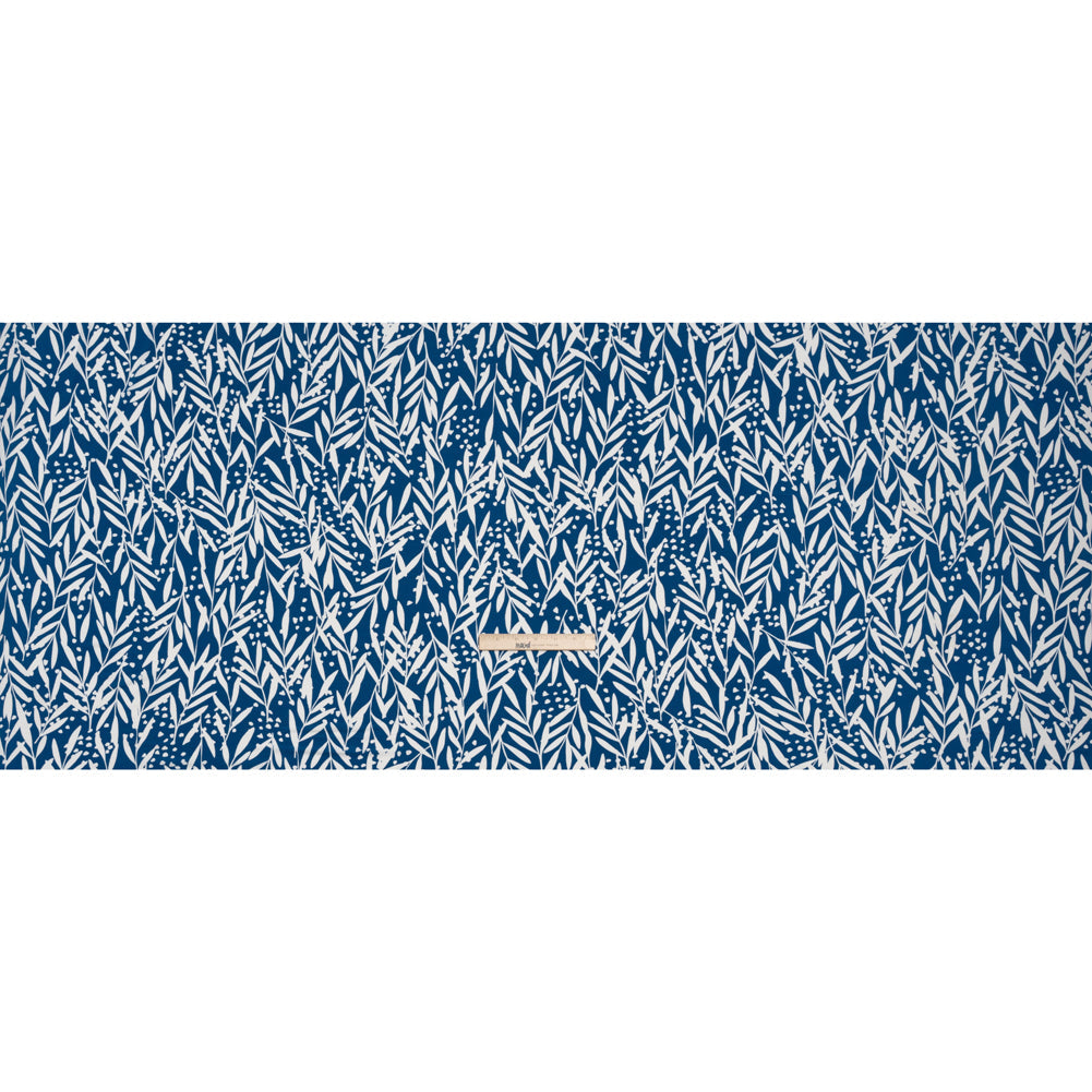 Stretch Polyester Tricot - Blue and White Leafy Stems - Designer Deadstock
