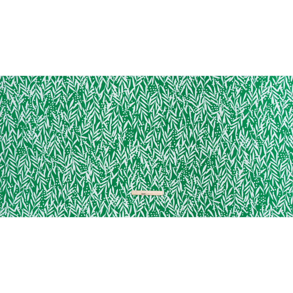 Stretch Polyester Tricot - Kelly Green and White Leafy Stems - Designer Deadstock