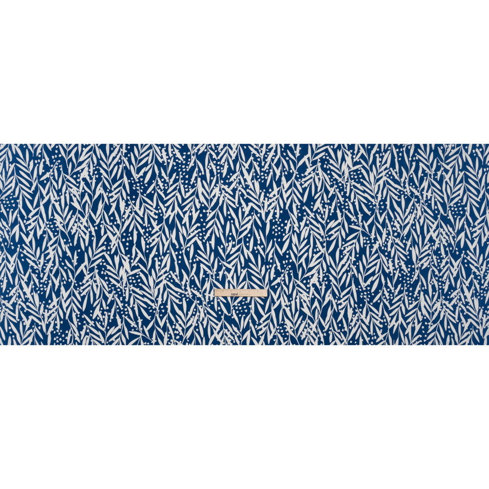 Stretch Polyester Tricot - Dark Blue and White Leafy Stems - Designer Deadstock
