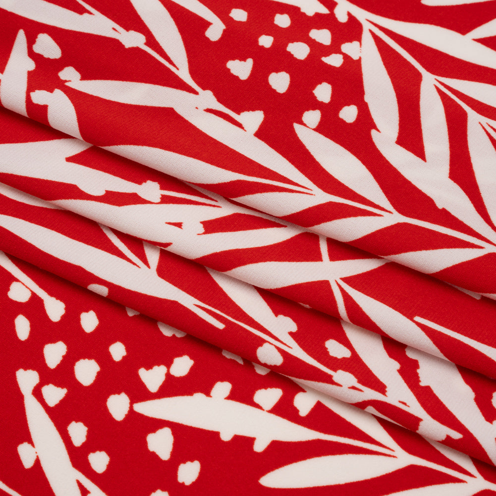 Stretch Polyester Tricot - Scarlet Red and White Leafy Stems - Designer Deadstock