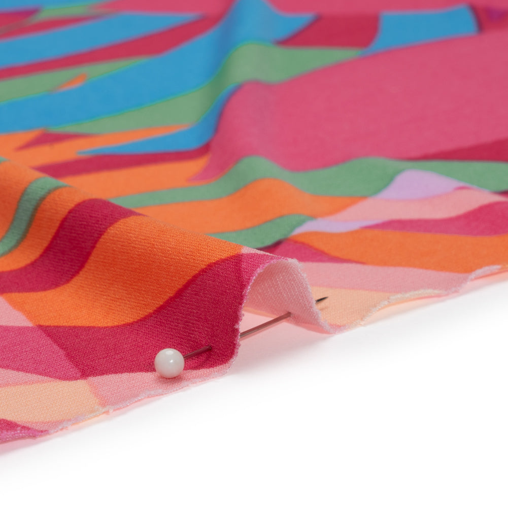 Stretch Polyester Tricot - Magenta, Green and Beige Overlapping Palm Leaves - Designer Deadstock