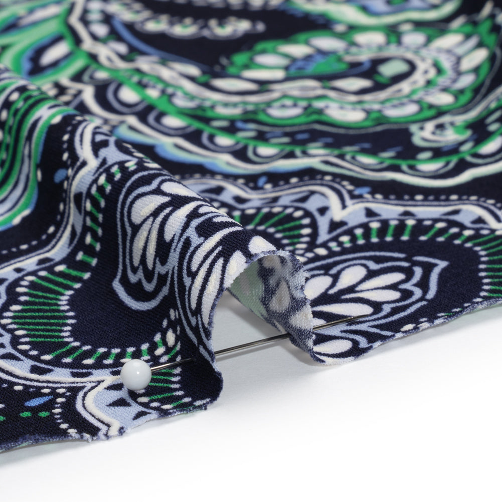 Stretch Polyester Tricot with Puff Print - Navy, Green and White Floral and Paisley - Designer Deadstock
