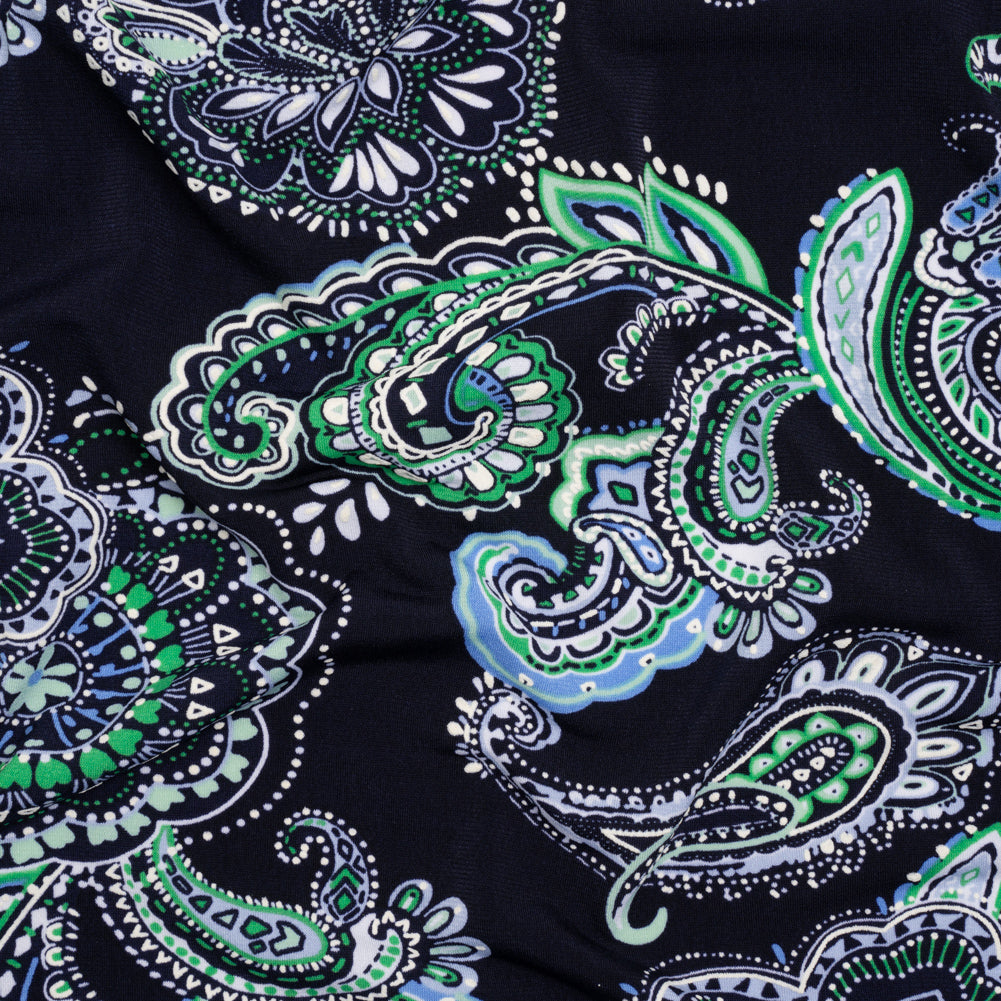 Stretch Polyester Tricot with Puff Print - Navy, Green and White Floral and Paisley - Designer Deadstock