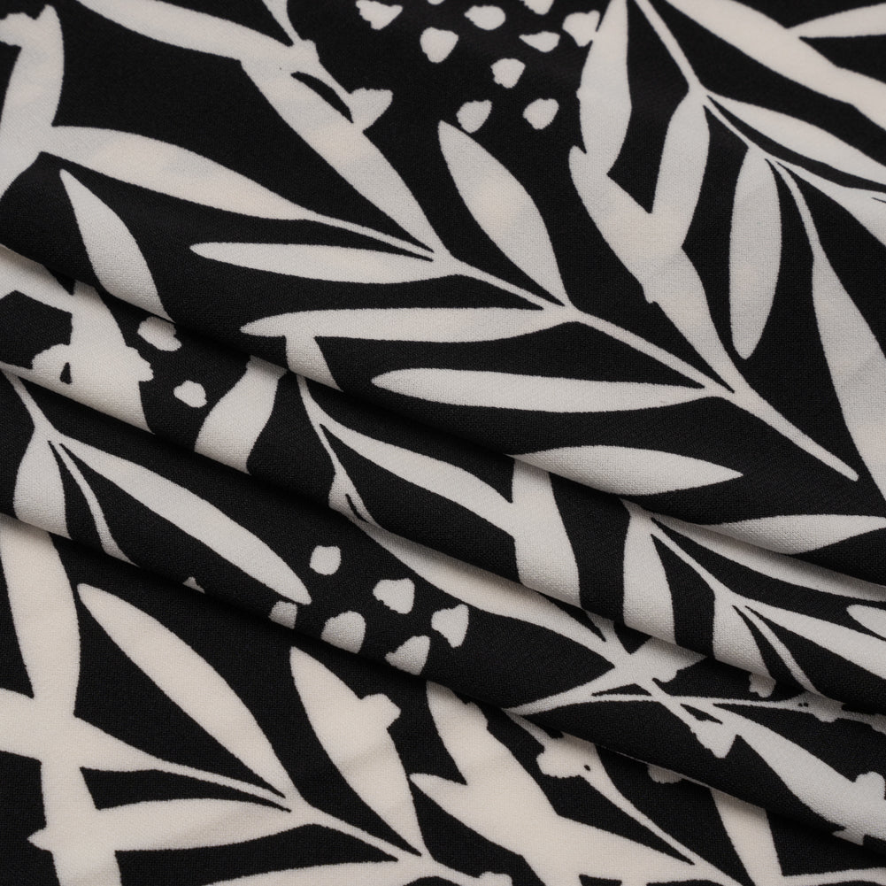 Stretch Polyester Tricot - Black and White Leafy Stems - Designer Deadstock