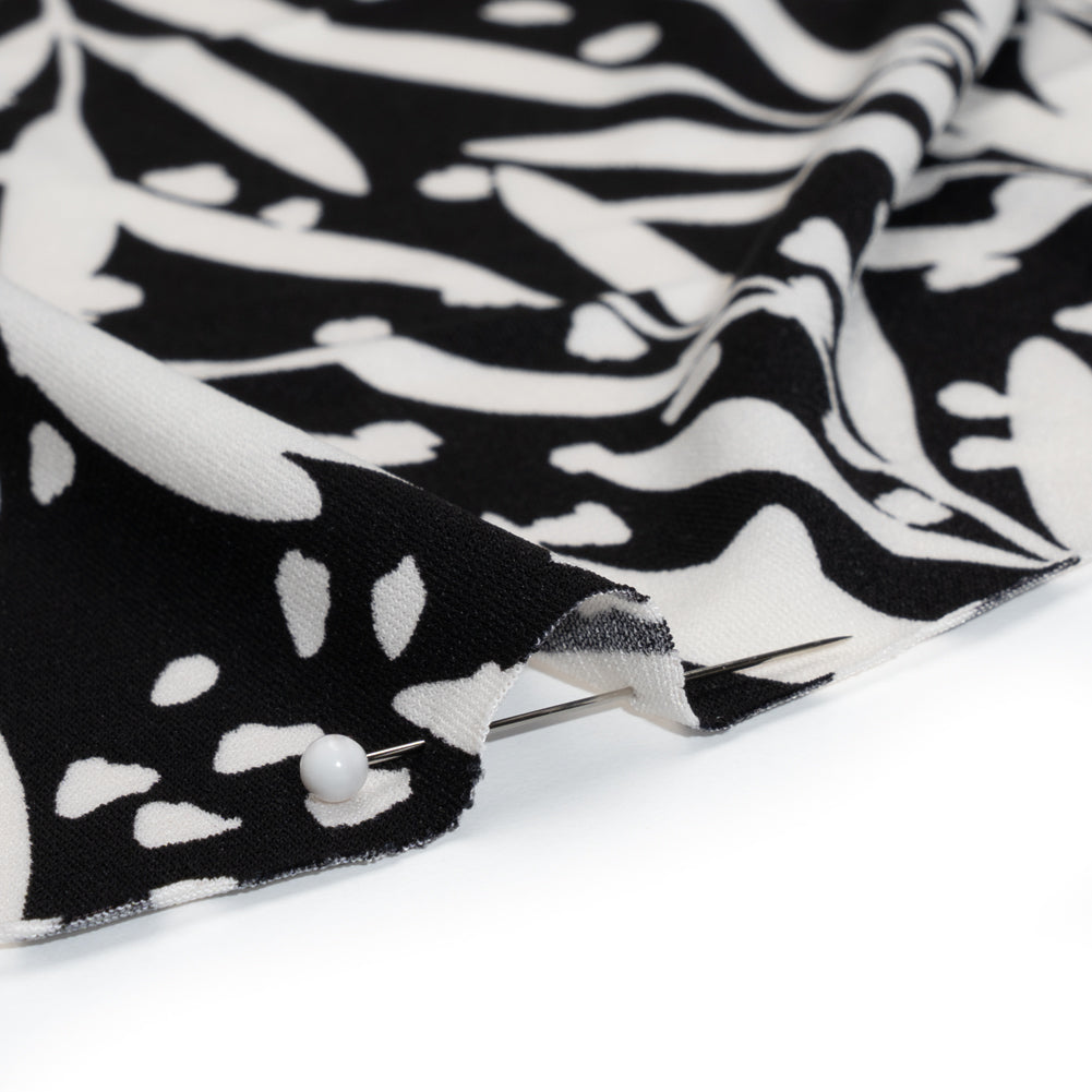 Stretch Polyester Tricot - Black and White Leafy Stems - Designer Deadstock