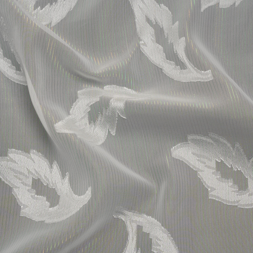 Burnout Brocade with Iridescent Pinstripes - White Leaves - Designer Deadstock