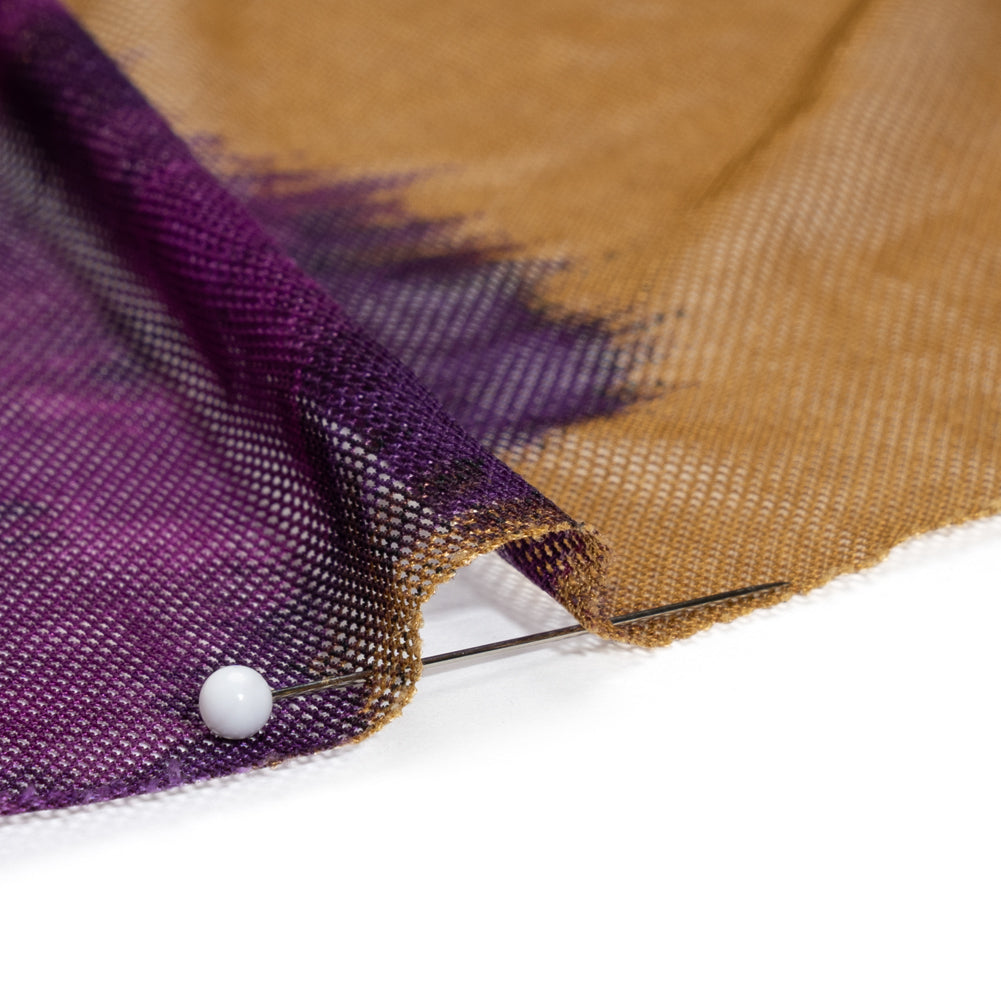 Polyester Stretch Mesh - Dark Green, Purple and Gold Ikat Floral - Designer Deadstock