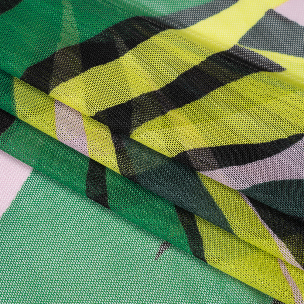 Stretch Polyester Mesh - Green, Pale Pink and Yellow Leaves - Designer Deadstock