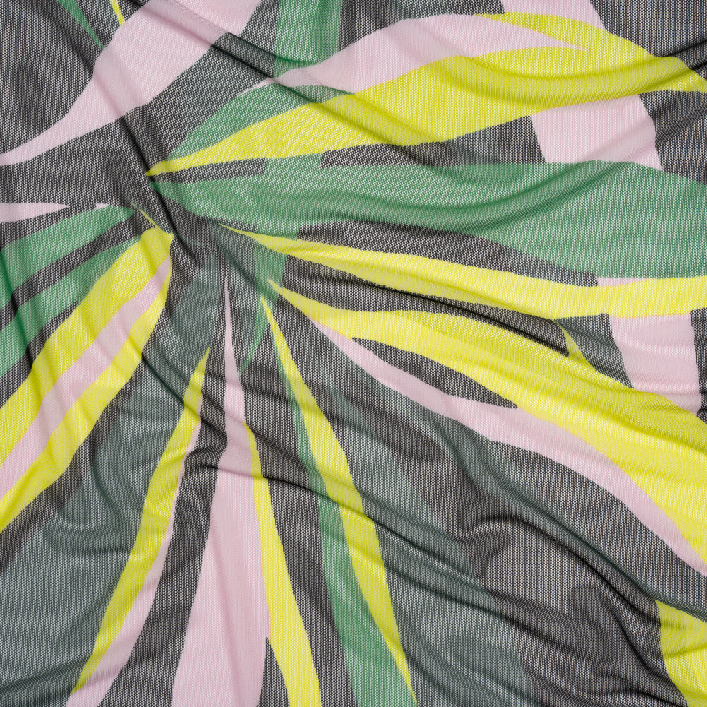 Stretch Polyester Mesh - Green, Pale Pink and Yellow Leaves - Designer Deadstock