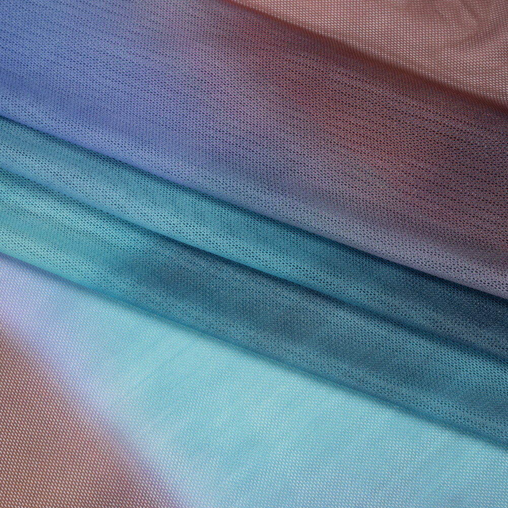 Stretch Polyester Mesh - Aqua Blue, Brown and Green Gradient Stripes - Designer Deadstock