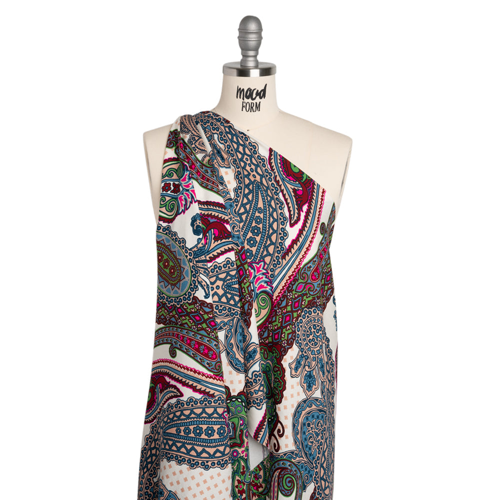 Rayon Twill - Blue, Red and Peachy Beige Paisley - Designer Deadstock