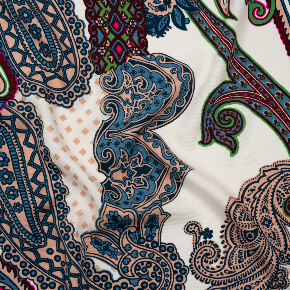 Rayon Twill - Blue, Red and Peachy Beige Paisley - Designer Deadstock