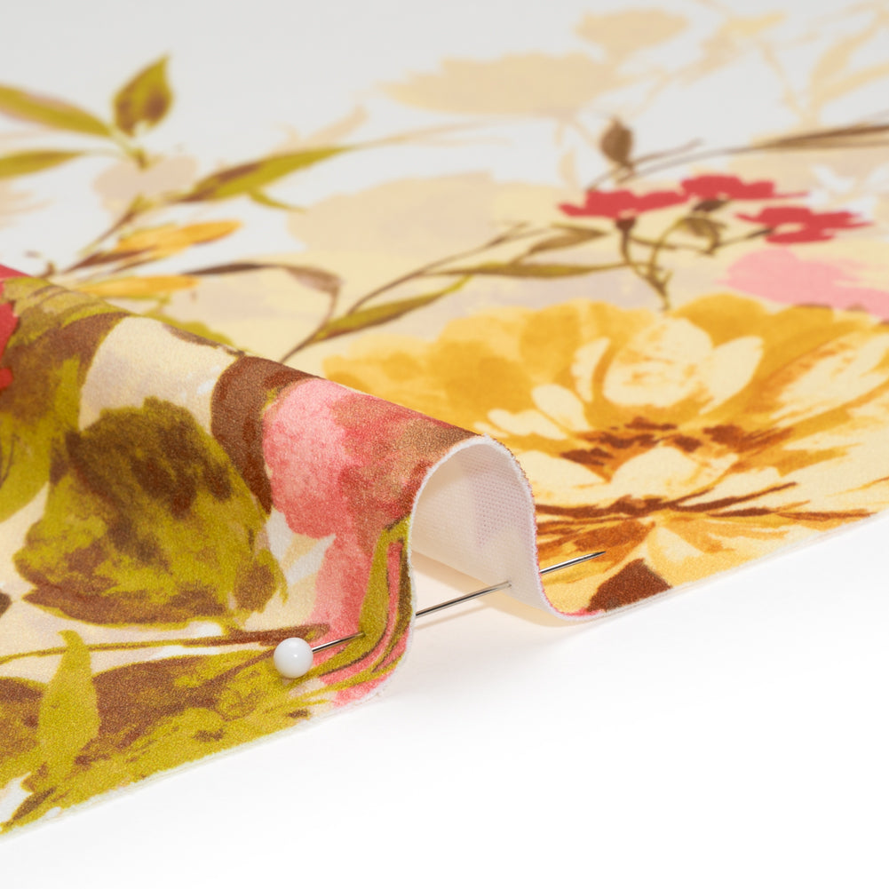 Stretch Polyester Crepe Double Knit - Ivory, Butter Yellow and Rose Pink Floral Border - Designer Deadstock