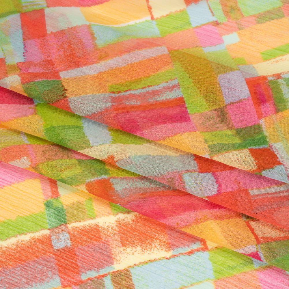 Crinkled Polyester Chiffon Print - Yellow, Lime Green and Pink Painted Plaid - Designer Deadstock