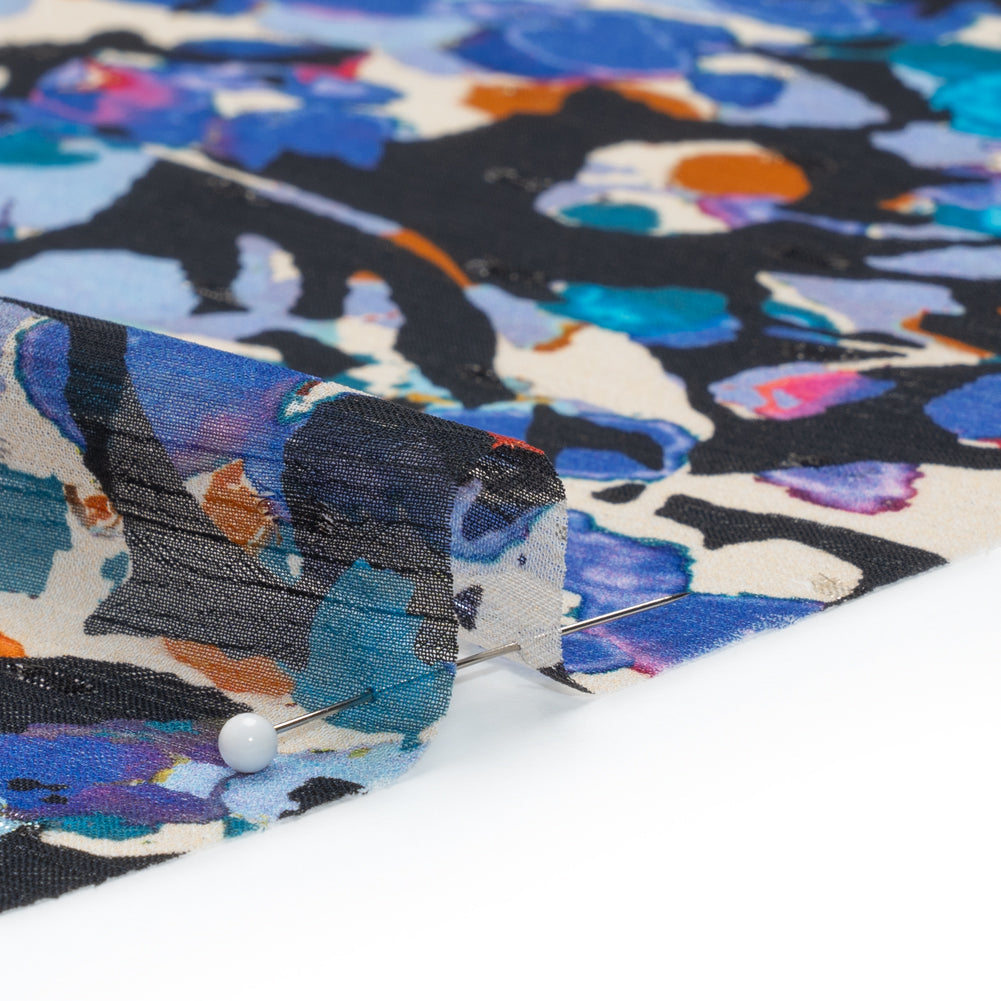 Crinkled Polyester Chiffon with Metallic Dots - Navy, Blue and Orange Abstracted Florals - Made in Italy